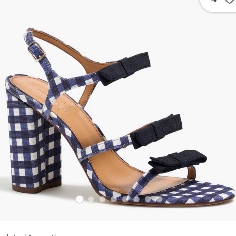 J. Crew Navy and White Gingham Bow Block Heel Sandals